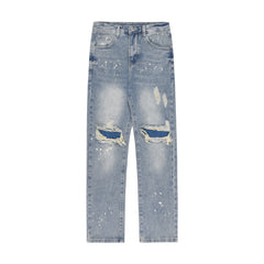 Light Blue Ripped Indigo Patched Paint Drip Straight Leg Denim