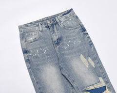 Light Blue Ripped Indigo Patched Paint Drip Straight Leg Denim