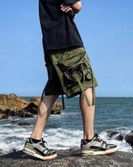 Army Green Drawstring Tape Front & Side Cargo Shorts