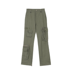 Army Green Zip & Snap Cargo Flare Leg Twill Pants