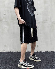 Black 3D Checkered Drawstring Front & Side Stripe Shorts