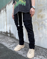 Black 3D Multi-Pocket Zip Stacked Sweatpants