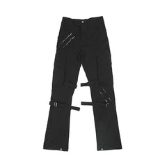 Black Diagonal Zip & Cargo Flare Leg Twill Pants