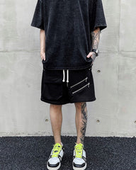 Black Diagonal Zip & Cargo Pocket Knit Shorts
