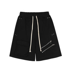 Black Diagonal Zip & Cargo Pocket Knit Shorts