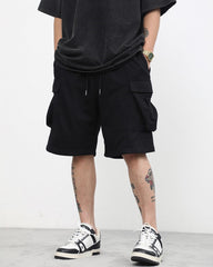 Black Drawstring Front Flap Cargo Pocket Knit Shorts