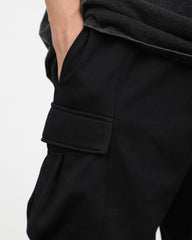 Black Drawstring Front Flap Cargo Pocket Knit Shorts