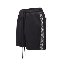 Black Drawstring & Paisley Side Stripe Knit Shorts