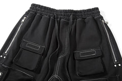 Black Drop Crotch Dual Zip & Snap Multi-Pocket Shorts