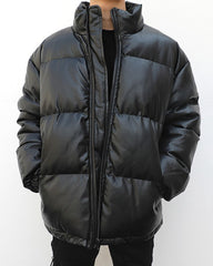 Black Faux Leather Puffer Jacket