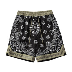 Black & Green Paisley Print Drawstring Waist Shorts