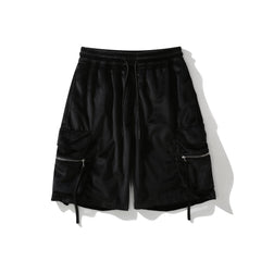 Black Micro-Suede Zip & Flap Cargo Shorts