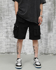 Black Multi Pocket Zip & Strap Twill Shorts