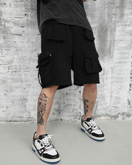 Black Multi Pocket Zip & Strap Twill Shorts