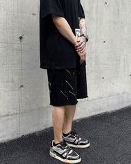 Black Paint Drip Distressed Knit Shorts