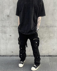 Black Paint Drip Zip & Snap Cargo Twill Pants