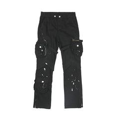 Black Paint Drip Zip & Snap Cargo Twill Pants