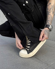 Black Paint Drip Zip & Snap Cargo Twill Pants