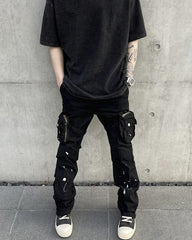 Black Paint Drip Zip & Snap Cargo Twill Pants