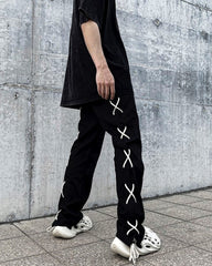 Black Side Tie Leg Twill Pants