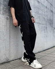 Black Side Tie Leg Twill Pants