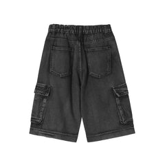 Black Vintage Wash Zip & Flap Cargo Denim Shorts
