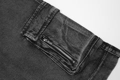 Black Vintage Wash Zip & Flap Cargo Denim Shorts