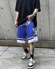 Blue Striped & Embroidered Basketball Shorts