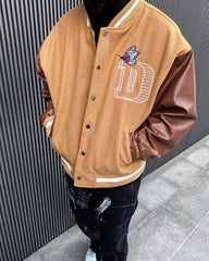 Brown Fighting Tigers Embroidered Leather Varsity Jacket