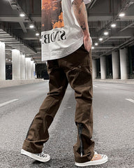 Brown Zip & Strap Stacked Twill Pants