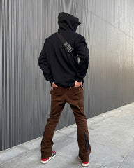 Brown Zip & Strap Stacked Twill Pants