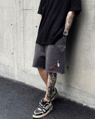 Charcoal Paint Drip Distressed Knit Shorts