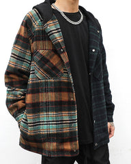 Color Block Plaid Snap Hooded Jacket