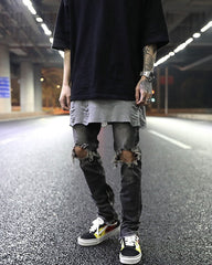 Dark Grey Ripped Knee & Zip Skinny Denim