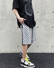 Grey 3D Checkered Drawstring Front & Side Stripe Shorts