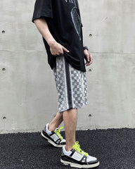 Grey 3D Checkered Drawstring Front & Side Stripe Shorts