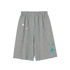 Grey Paint Drip Distressed Knit Shorts