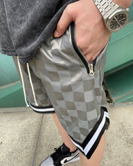 Grey Zip Pocket Checkered Nylon Shorts
