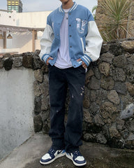 Light Blue Mended Heart Patched Leather Varsity Jacket