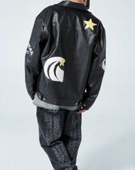 Black Snakeskin Leather Patched Jacket
