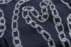 Blue Denim Broken Chain Print Baseball Jacket