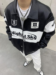 Black & White Night Sky Embroidered Leather Racing Jacket