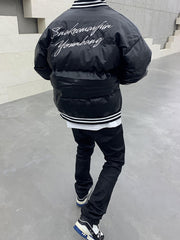 Black JDM Embroidered Leather Puffer Jacket