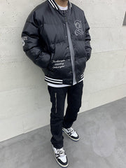 Black JDM Embroidered Leather Puffer Jacket