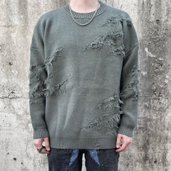 Green Distressed Loose Thread Crew Sweatshirt
