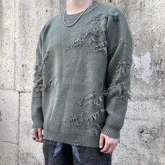 Green Distressed Loose Thread Crew Sweatshirt