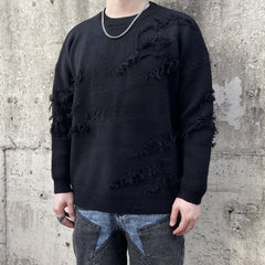 Black Distressed Loose Thread Crew Sweatshirt