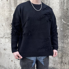 Black Distressed Loose Thread Crew Sweatshirt