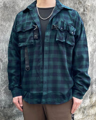 Green & Navy Flannel Multi Pocket Buckle Shirt
