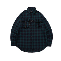 Green & Navy Flannel Multi Pocket Buckle Shirt